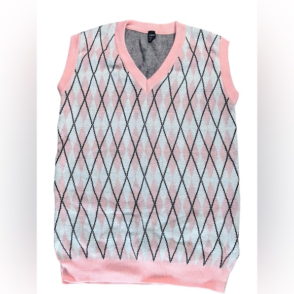 SHEIN Qutie Contrasting Colors Argyle Print Round Neck Tight Pink Tank Top - Picture 10 of 10